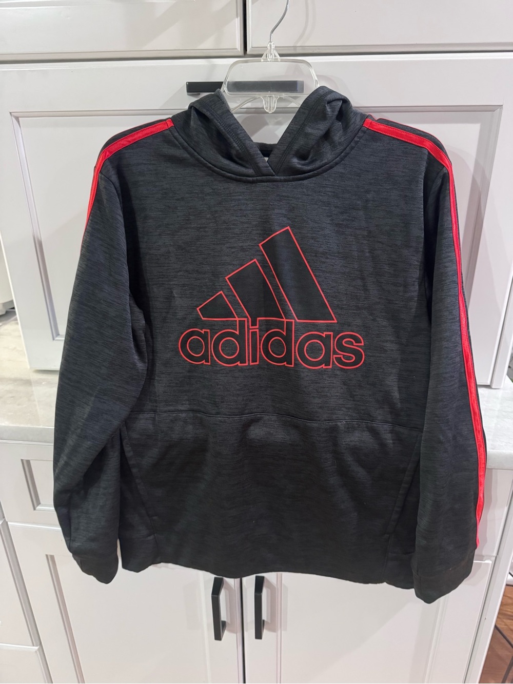 adidas Dark Gray Hoodie with Red Logo and Stripe Accents